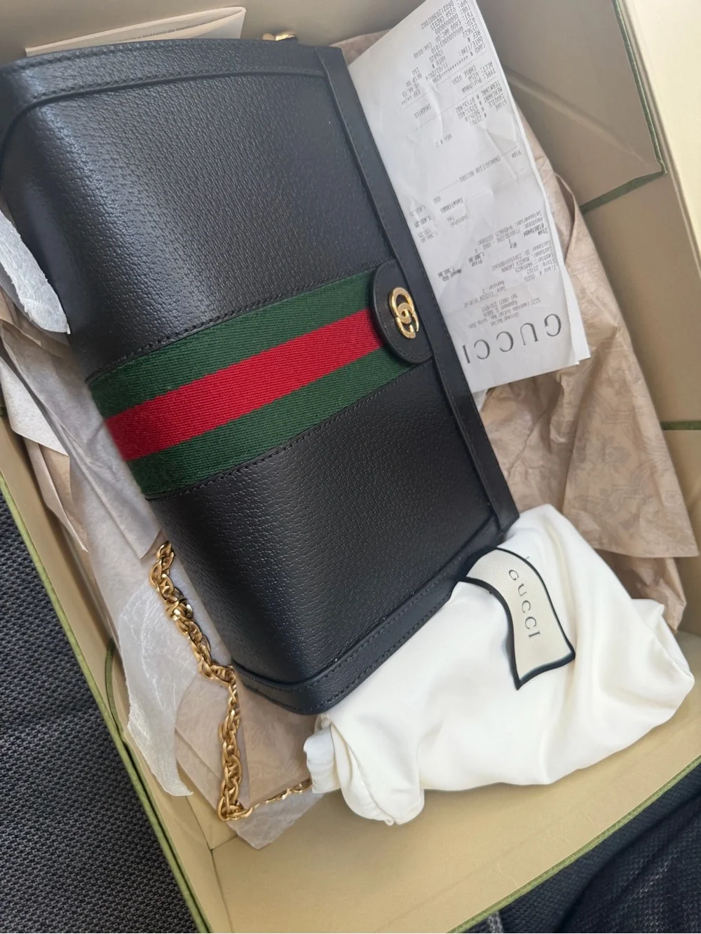 Black Women's Shoulder Bag with Green-Red Web Stripe and Gold Chain